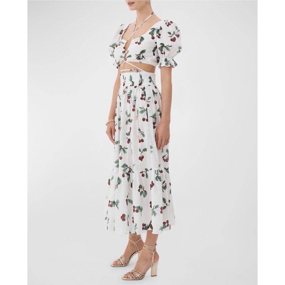 EPHEMERA Cerise Olympia Puff-Sleeve Crop Top Maxi Skirt Set Cherry Flow Vacation